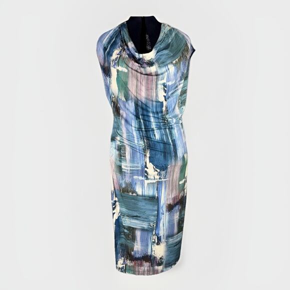 Anni Kuan Medium Ocean Jersey Dress Medium Abstract Art Draped Cowl Sleeveless - Picture 1 of 11